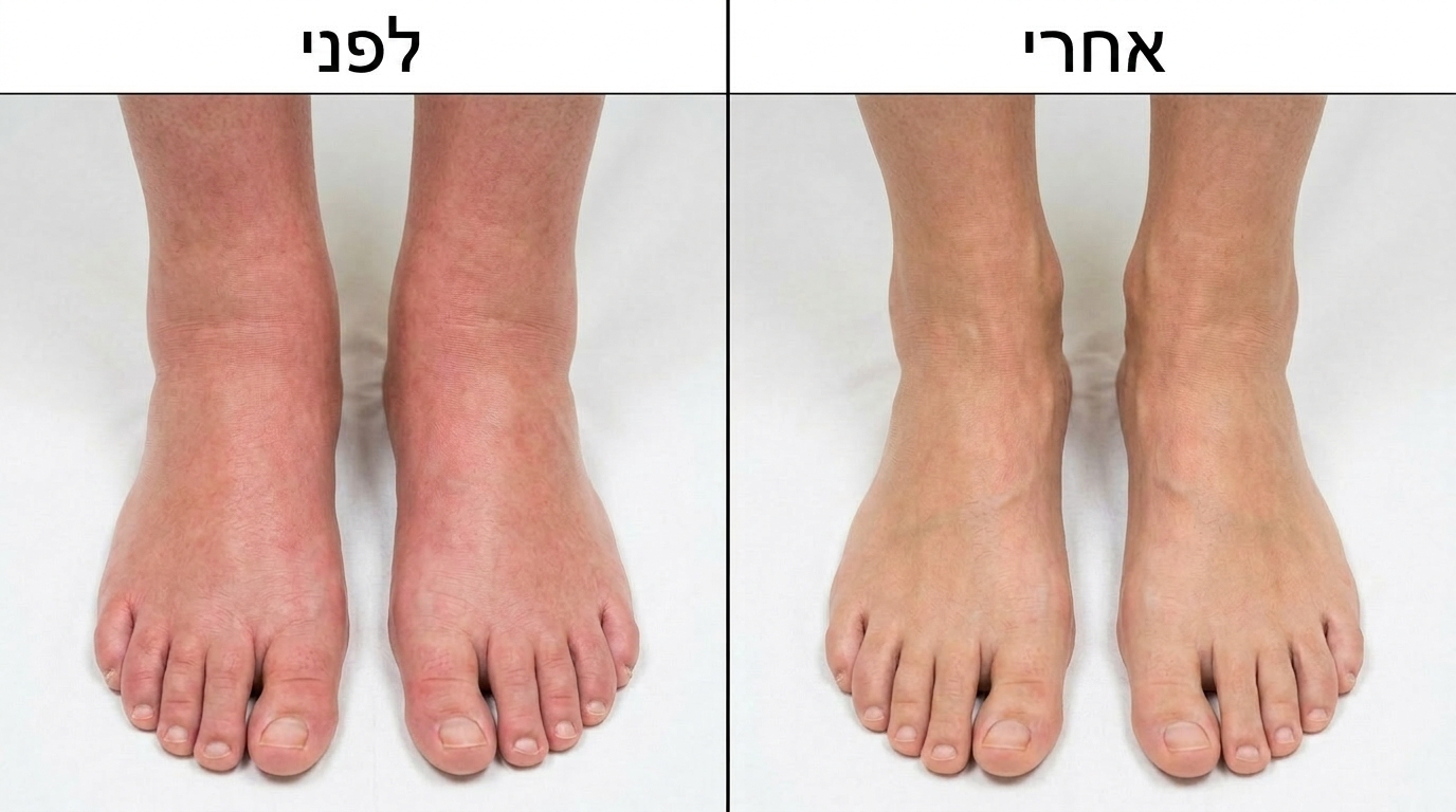 השוואת לפני ואחרי — רגליים נפוחות מול רגליים בצורה טבעית עם קרסוליים ברורים