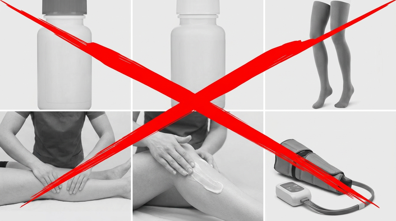 פתרונות כושלים לבצקת: משתנים, קרמים, גרבי לחץ ושרוולי אוויר — כולם מסומנים ב-X אדום