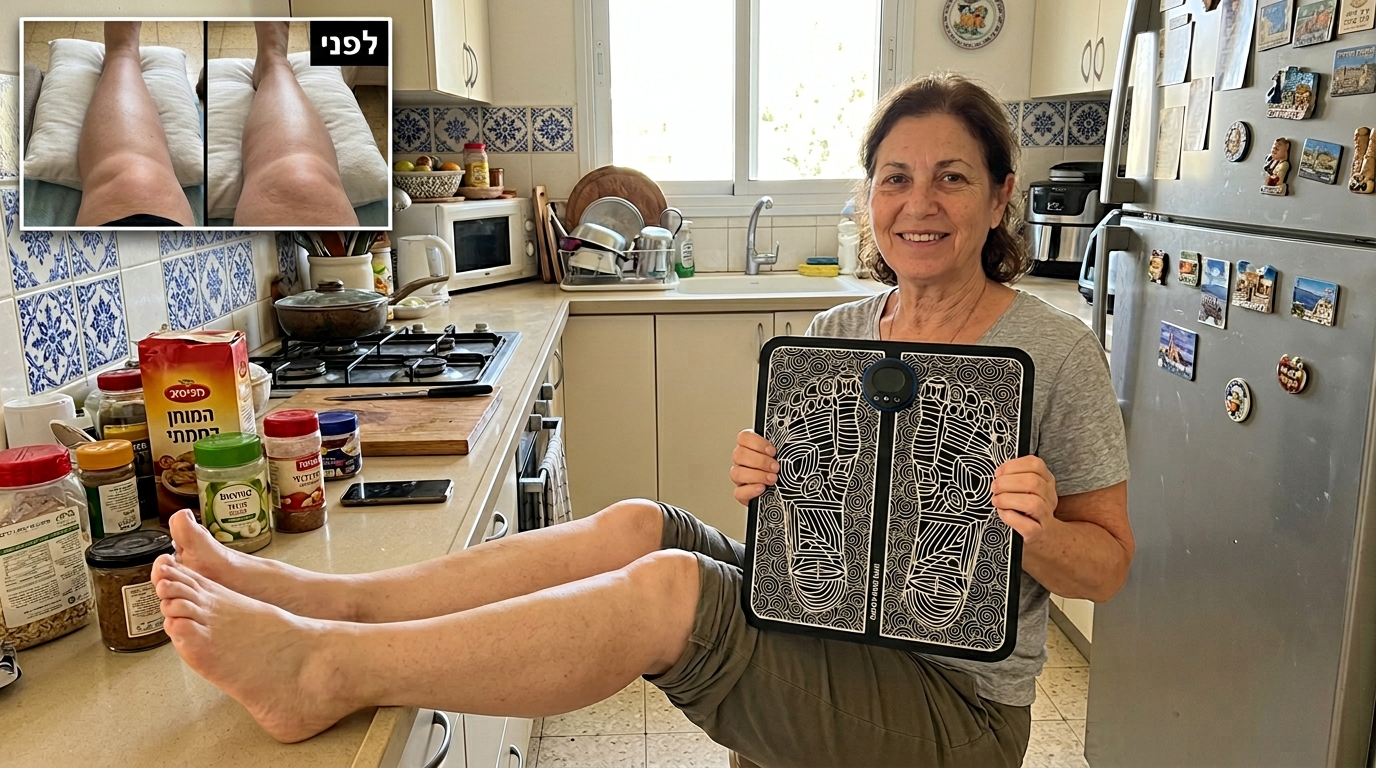 גילה לוי מחזיקה את DualPulse Pro במטבח — עם צילום 'לפני' של רגליים נפוחות