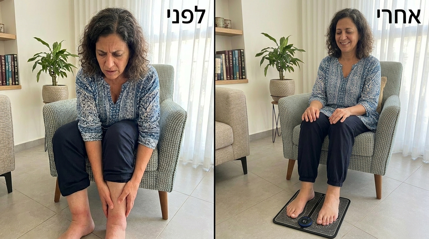 לפני ואחרי DualPulse Pro: משתמשת יושבת בכאב, ואחרי השימוש מחייכת עם כפות רגליה על המכשיר